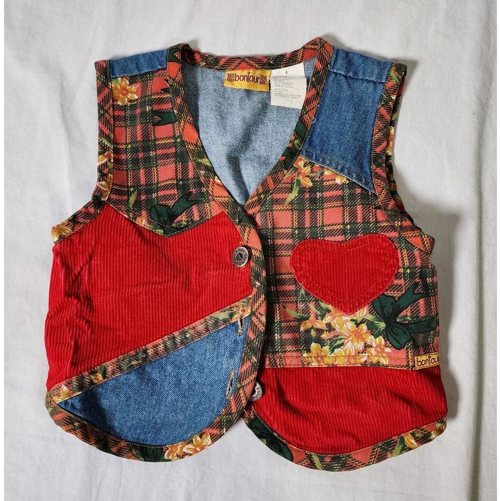 Bonjour Kids Denim Patchwork Vest Size 4 Y2K Plaid Applique Single Stitch vtg